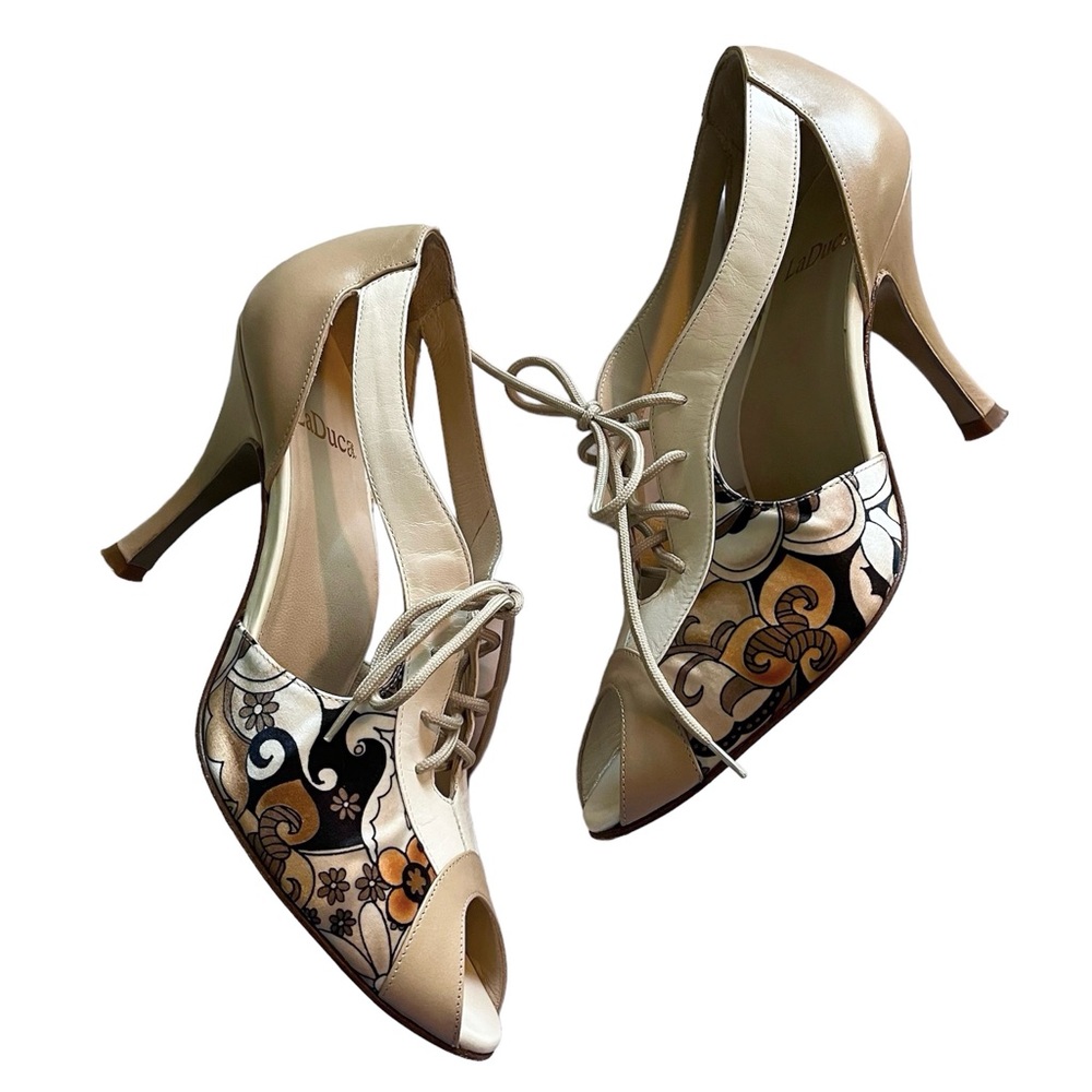 SUPER RARE Laduca KATRINA Cream & Beige Leather W/Printed Satin Size 38 LE EUC